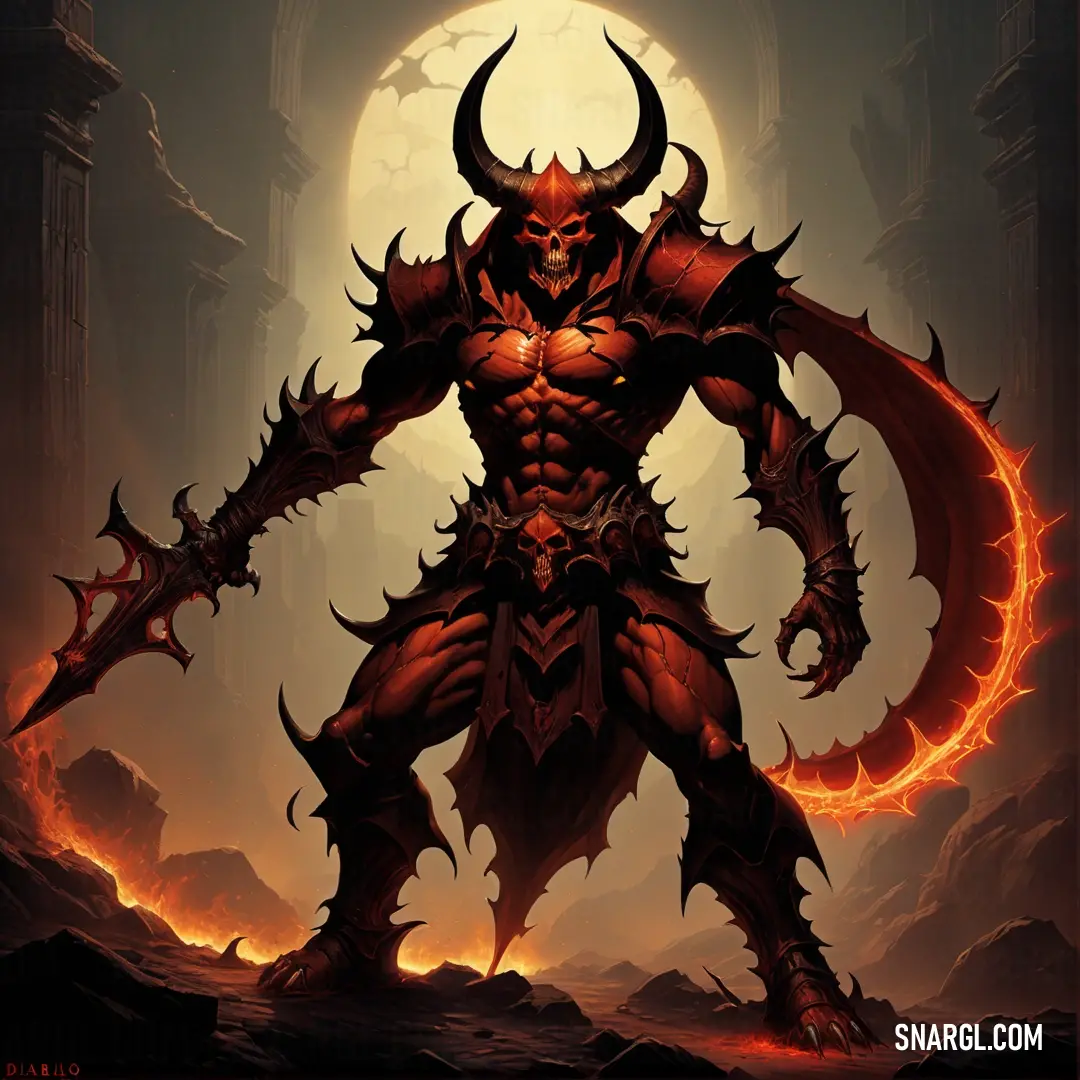 Demonic Diablo with horns and a huge body of blood in front of a full moon and a red ring