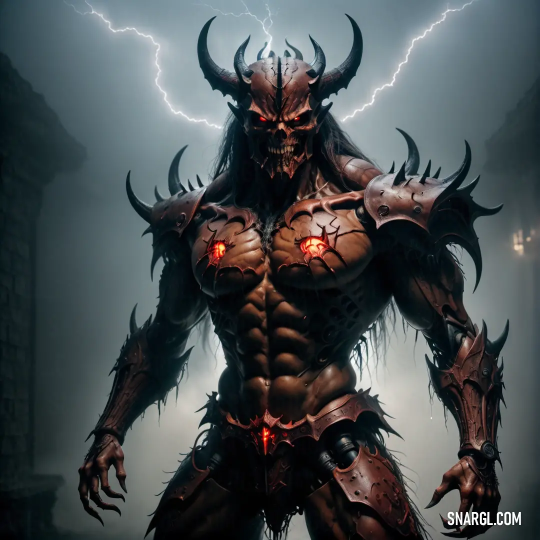 Demonic Diablo with horns and horns on his chest and a lightning bolt in the background