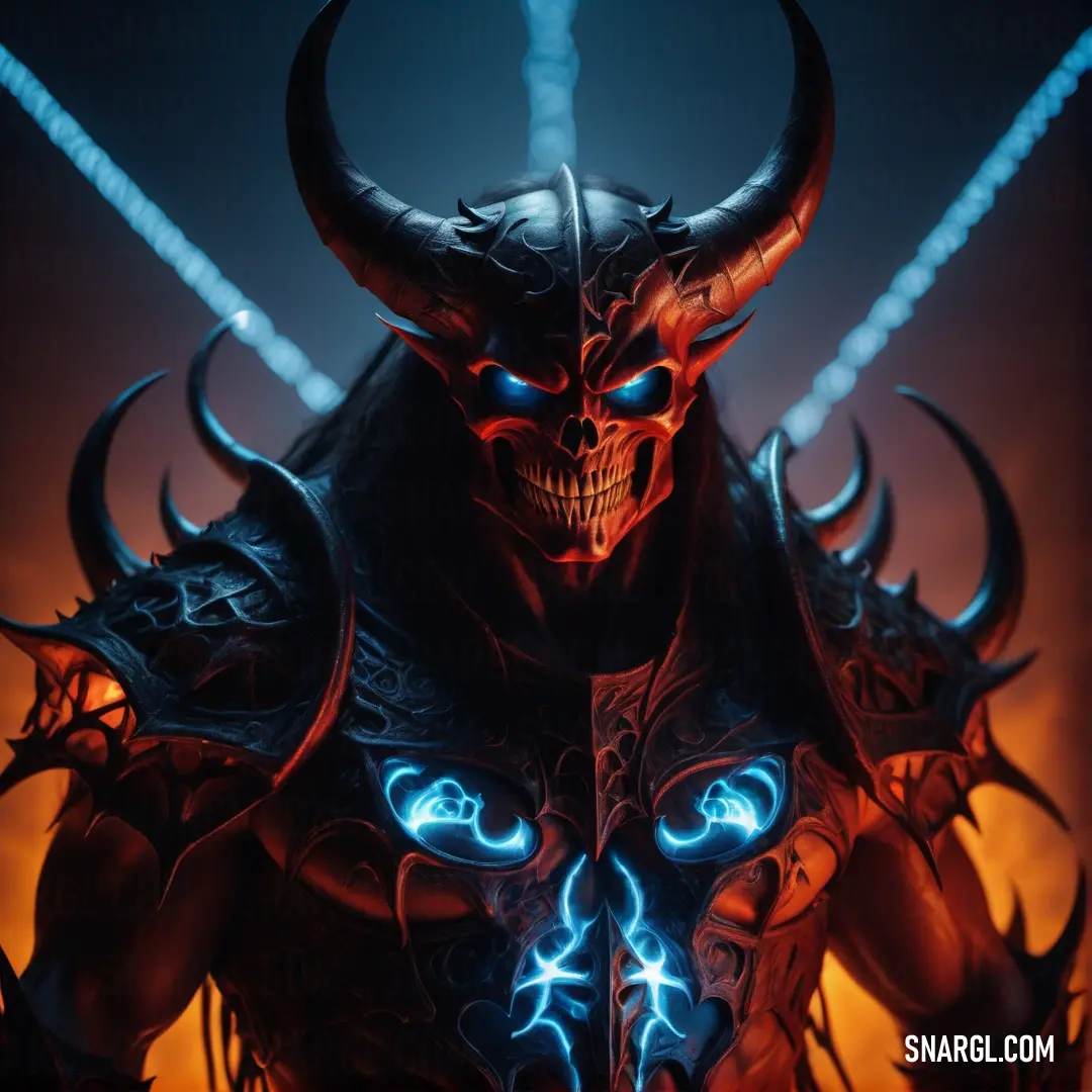 Diabloic Diablo with horns and glowing eyes in a dark background with a blue light coming from his eyes