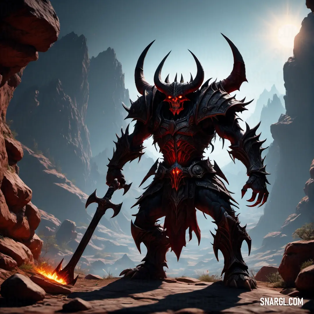 Demonic looking Diablo standing in a cave with a sword in his hand and a glowing eye on his face