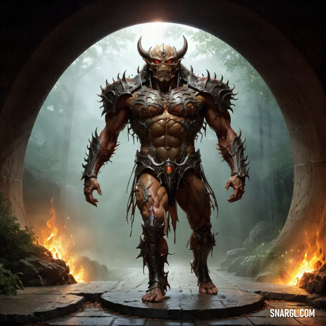 Diabloic looking male Diablo standing in a tunnel with flames around him and his hands on his hips