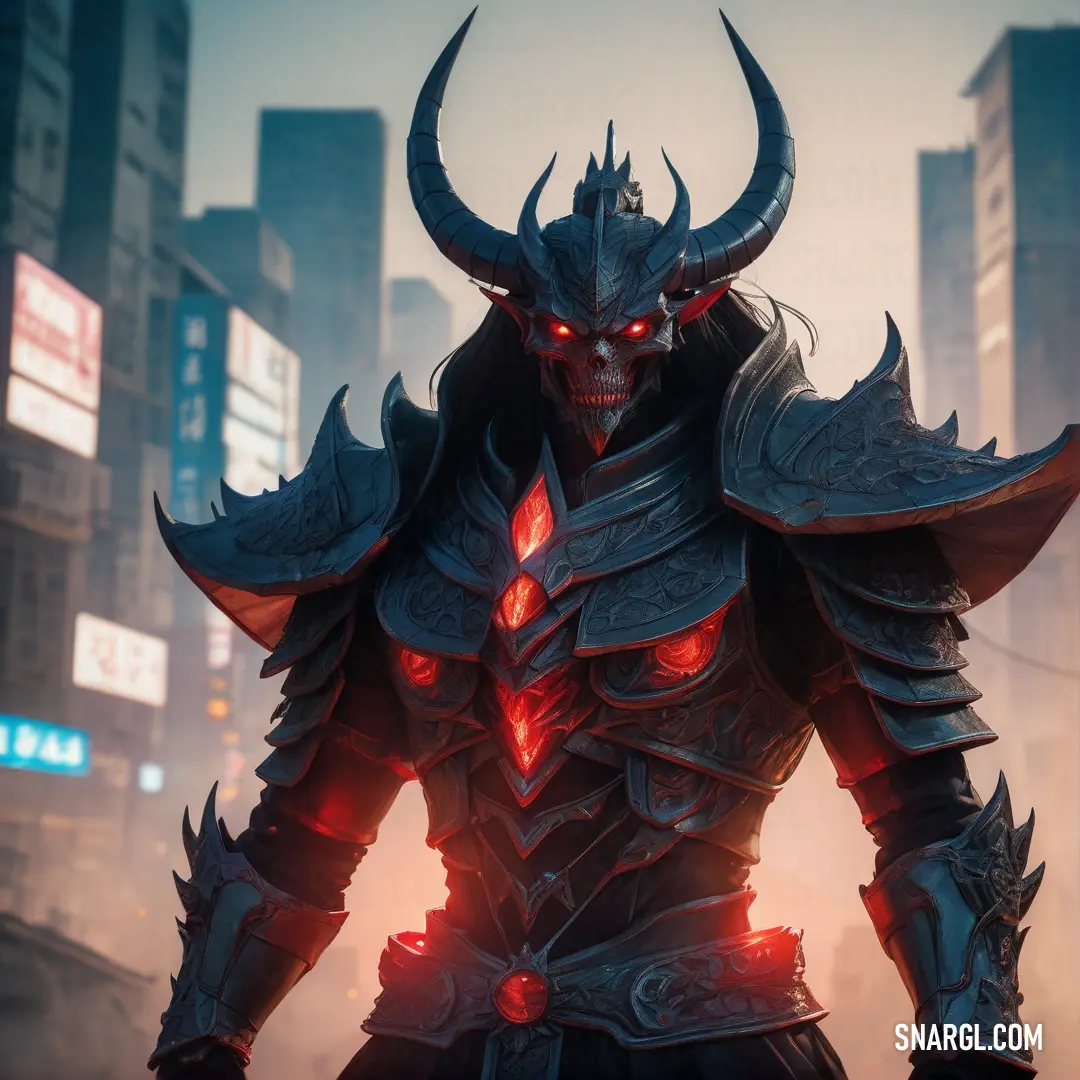 Demonic looking male Diablo in a city setting with red eyes and horns on his head