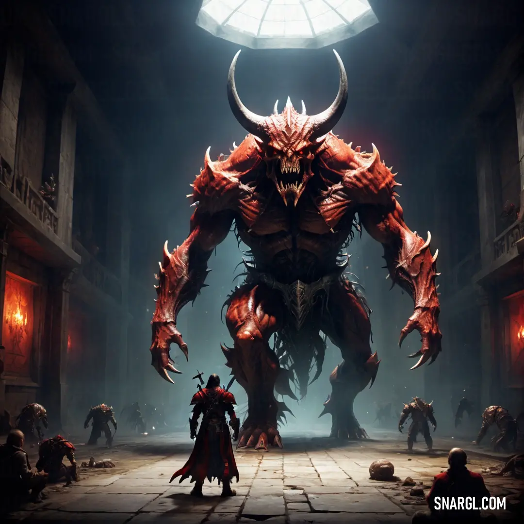 Demonic looking Diablo standing in a dark room with a light on it's head and two men standing in front of it