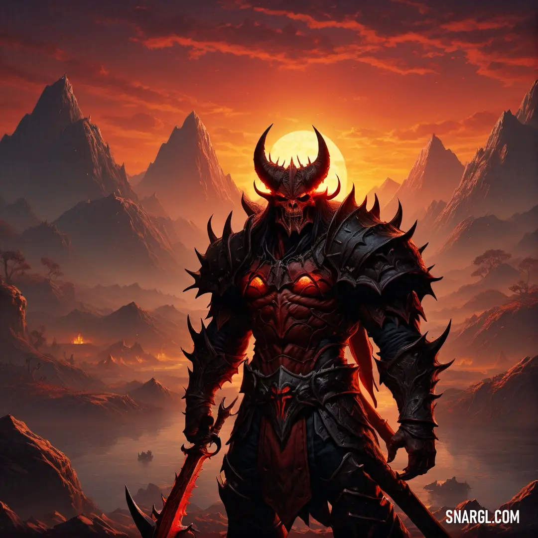Demonic warrior standing in front of a sunset with a sword in his hand and a Diablo like face