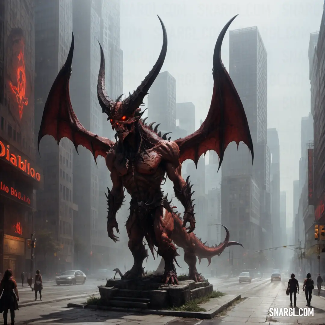 Giant dragon statue in a city street with people walking around it and a large red Diablo on the sidewalk