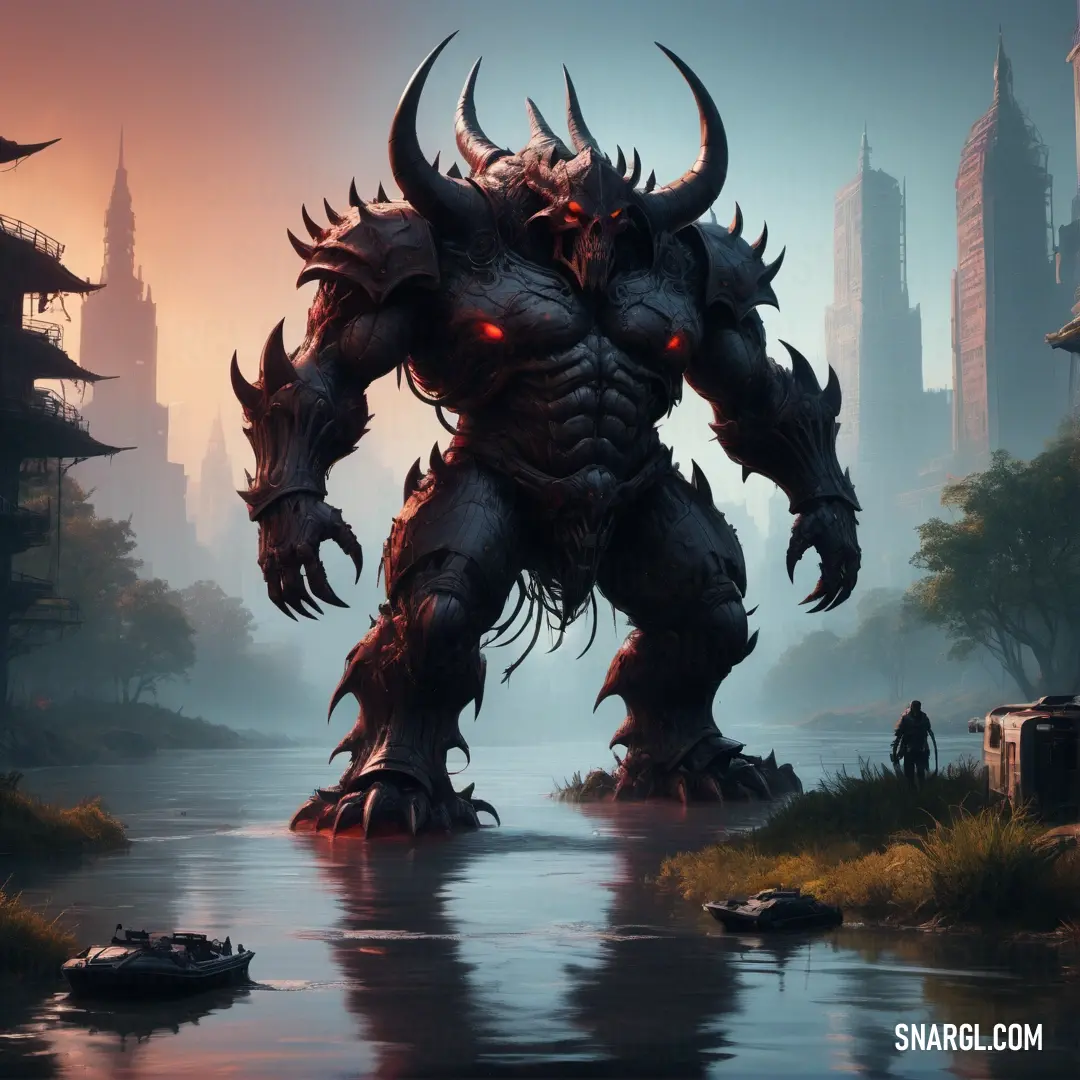 Giant Diablo with horns standing in a river in front of a city skyline with a man standing on the bank