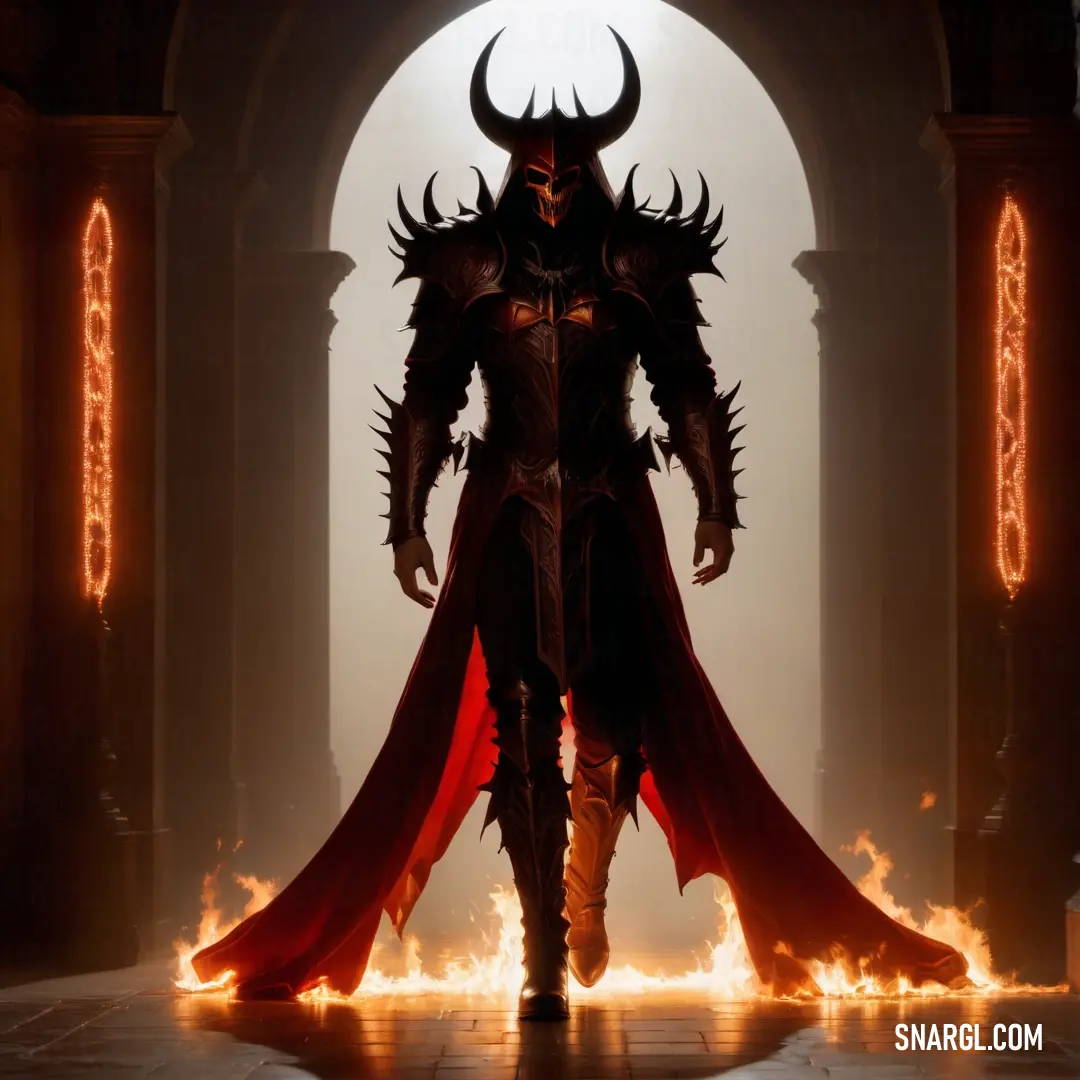 Man in a Diablo costume standing in a doorway with flames around him and a Diablo mask on his head