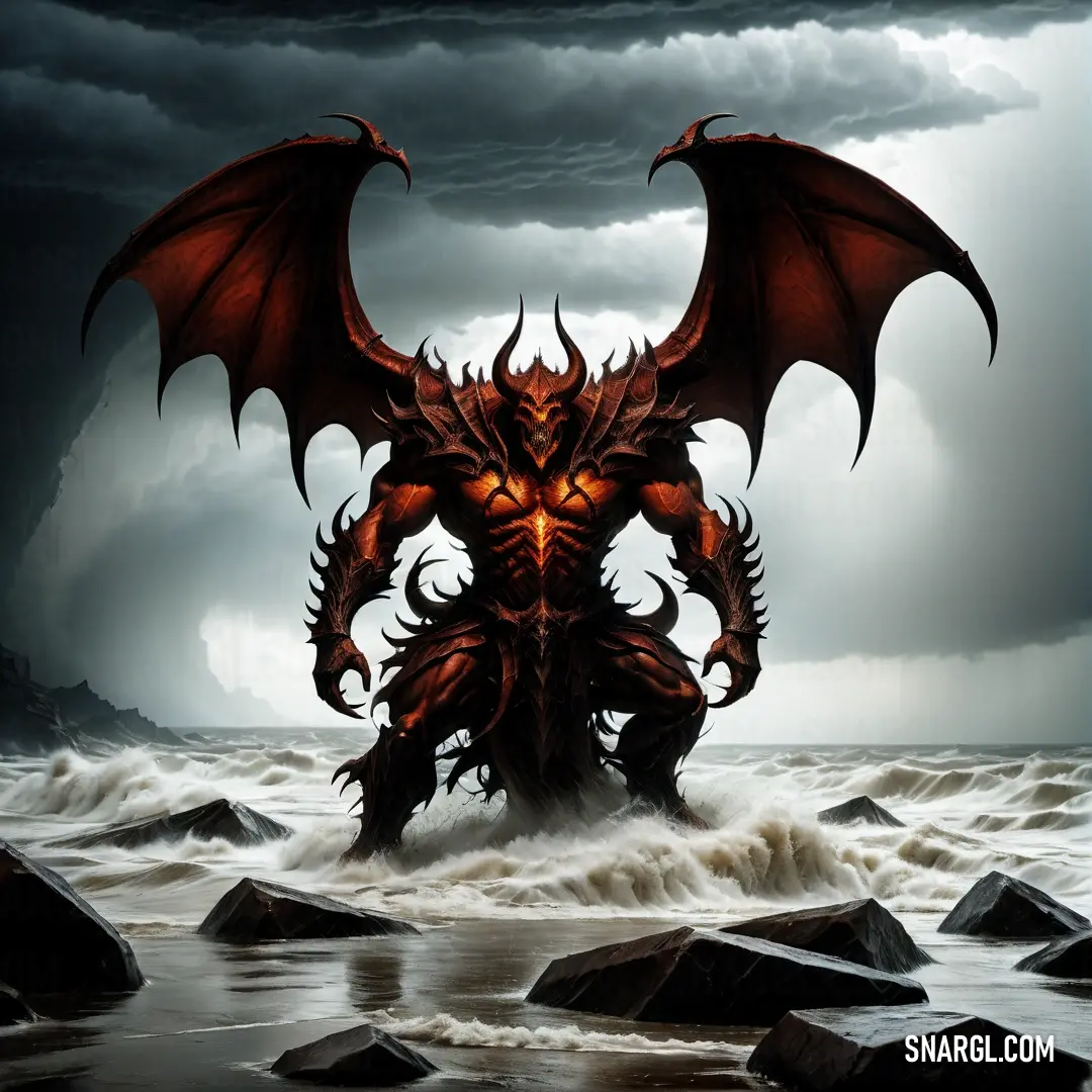 Red Diablo standing in the middle of a body of water