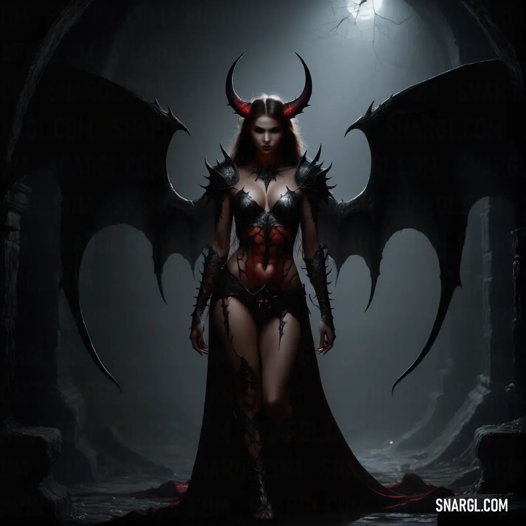 Diablo in a costume with horns and wings on her head and a Diablo like body