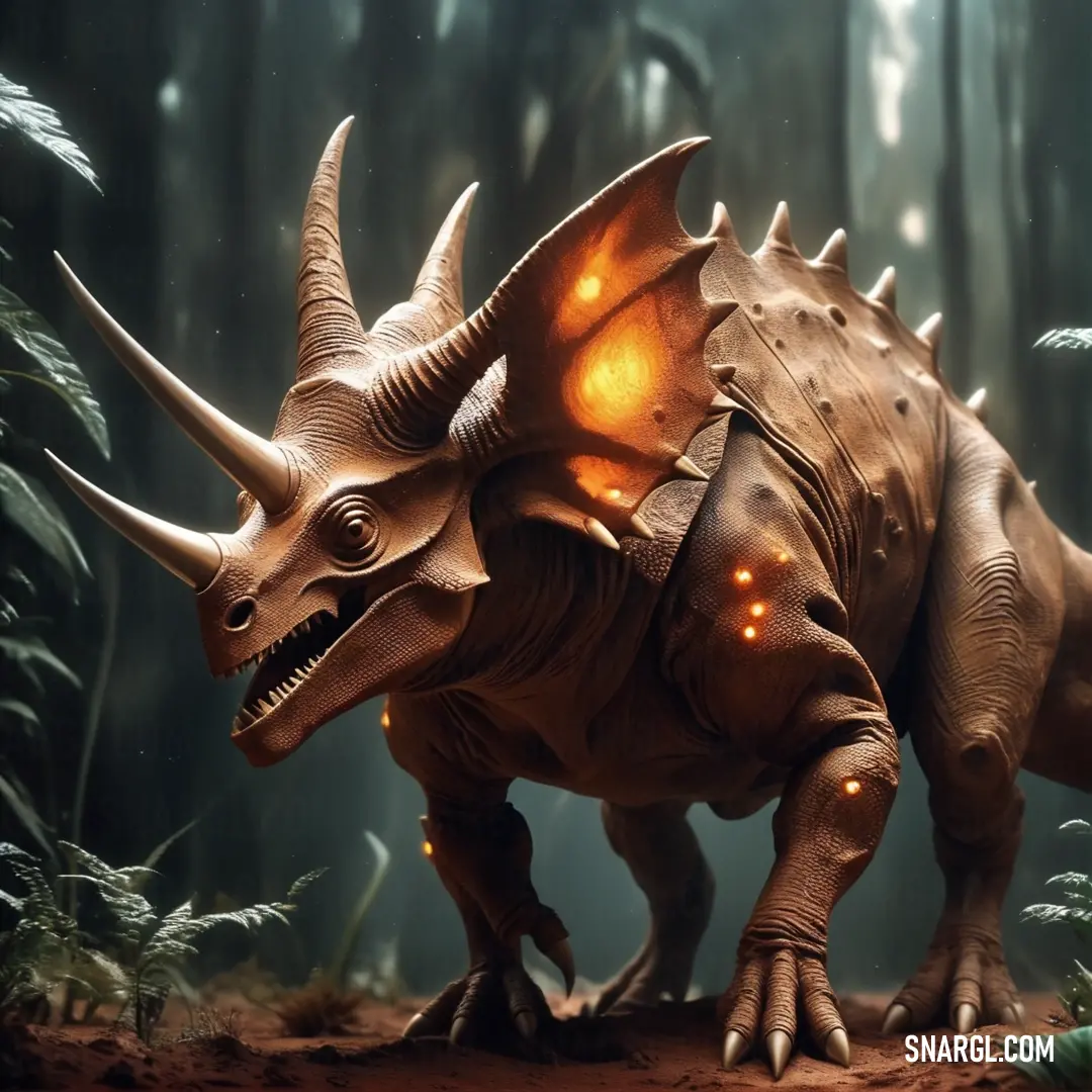 Diabloceratops with glowing eyes and a large head in the woods with trees and grass in the background