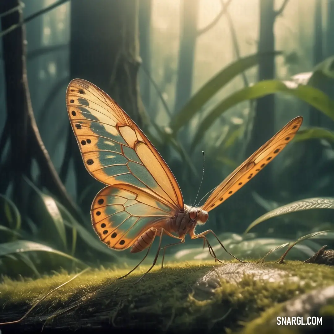 Butterfly with yellow wings is standing on a mossy surface in the woods with sunlight streaming through the trees