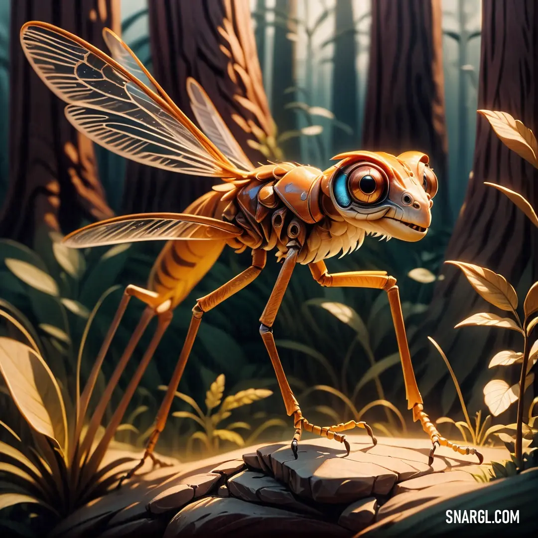Cartoon insect with big eyes standing on a rock in a forest with tall grass and trees in the background