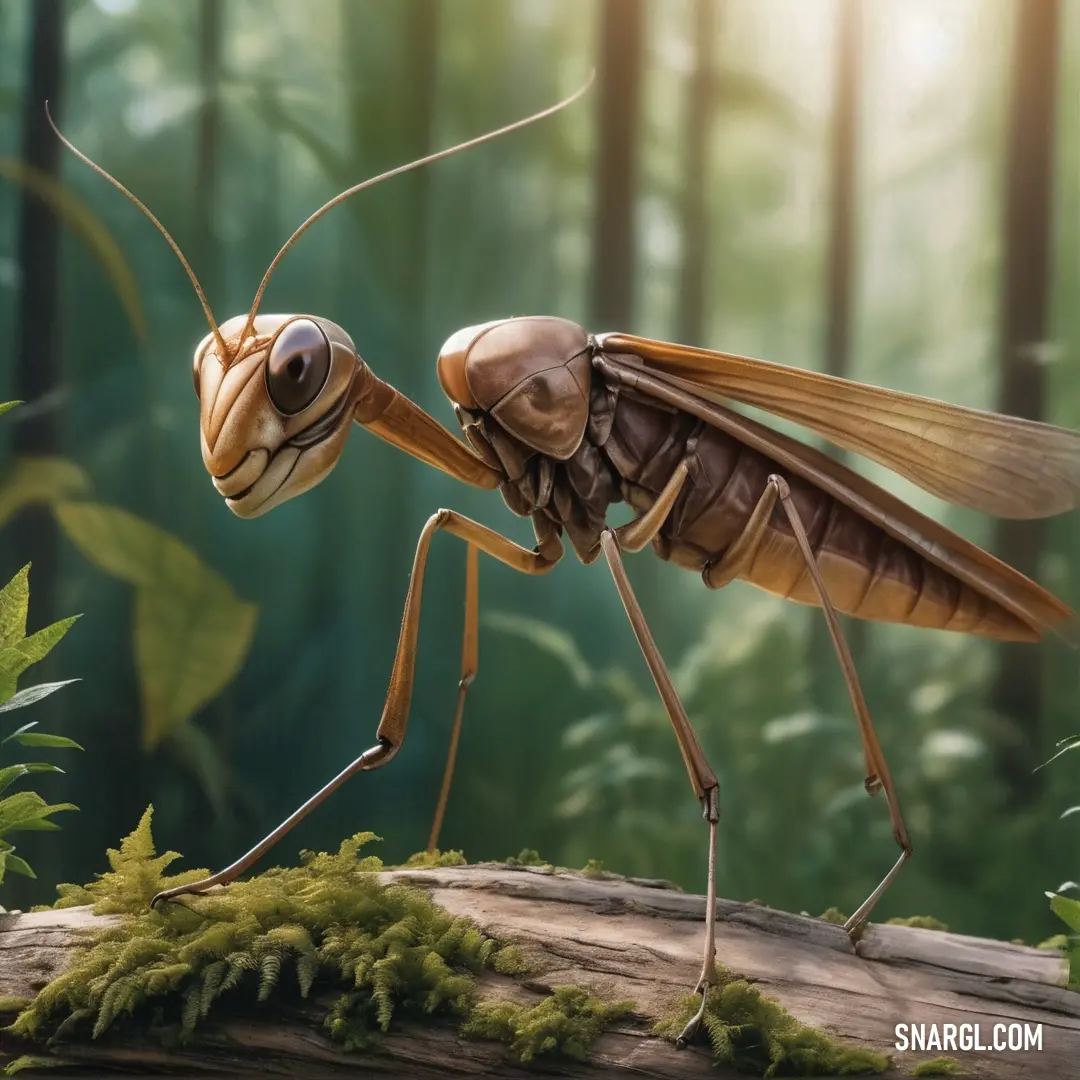 Close up of a mosquito on a log in a forest with green plants and trees in the background