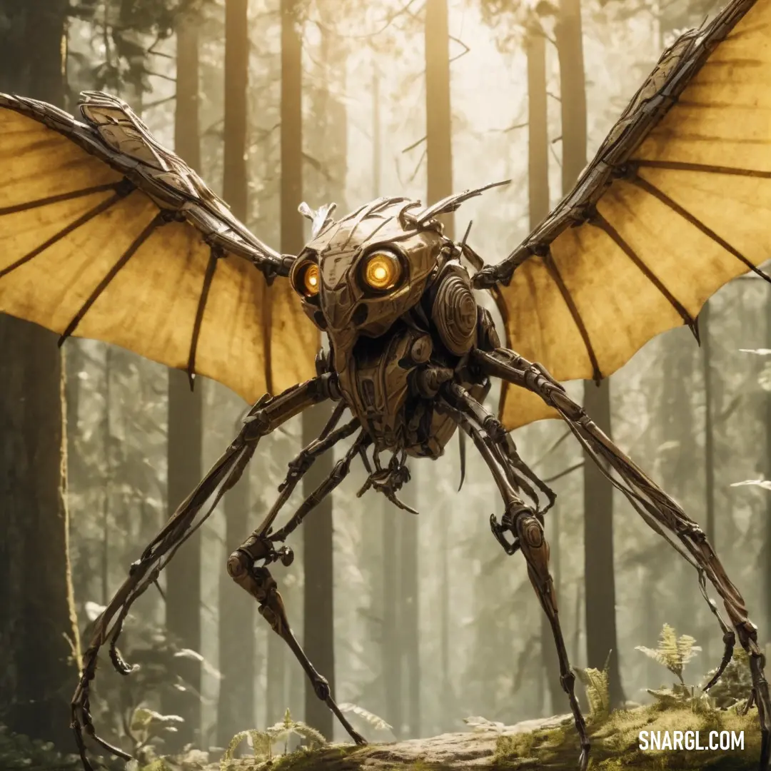 Giant insect with yellow eyes and wings in a forest with trees and grass