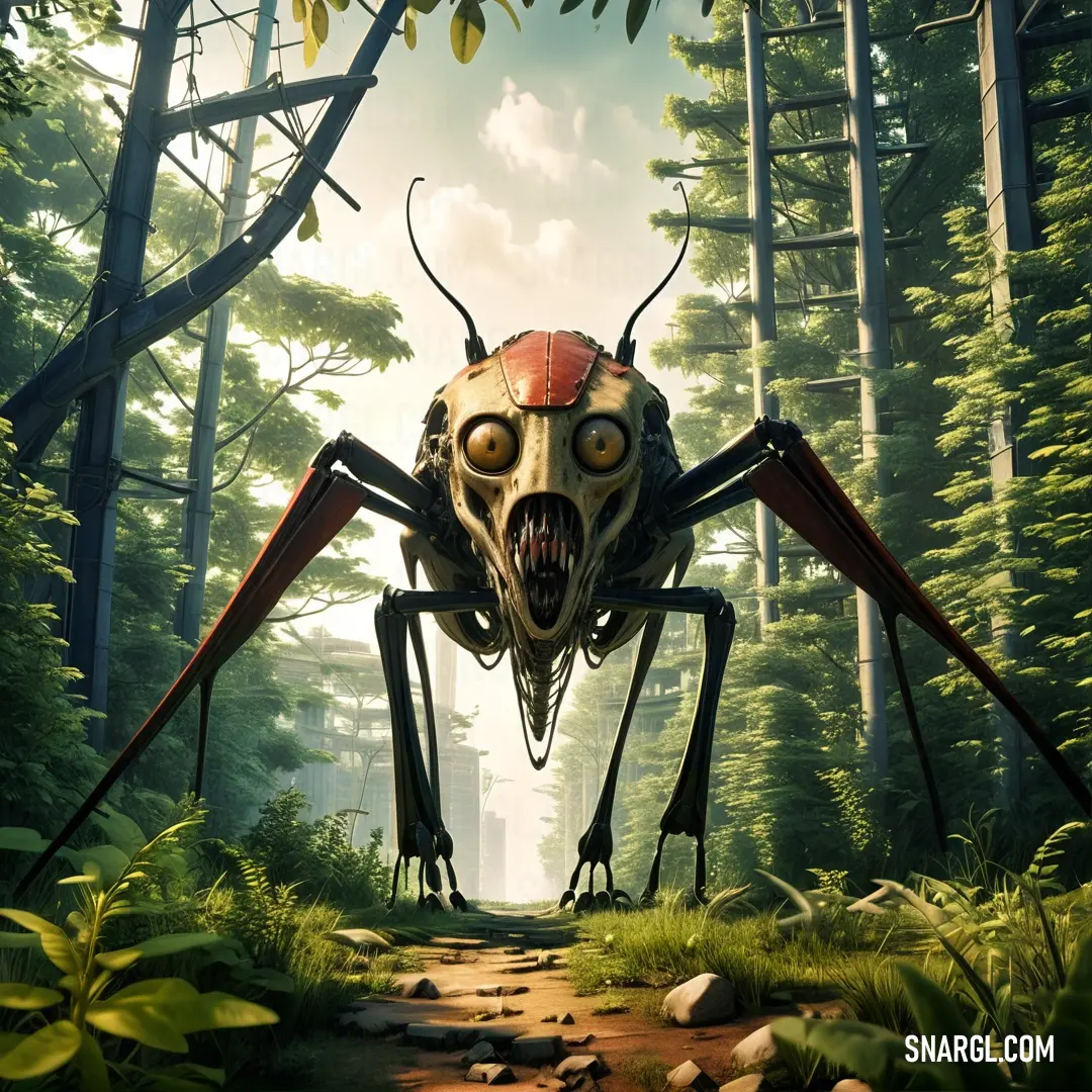 Giant Diaphanopterodea with a face and large legs in a forest with trees and rocks on the ground