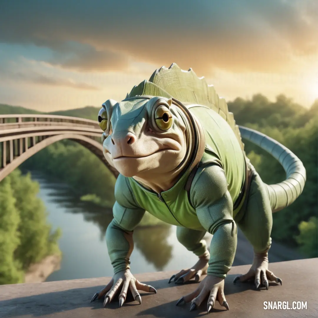 Diapsid is standing on a ledge with a bridge in the background