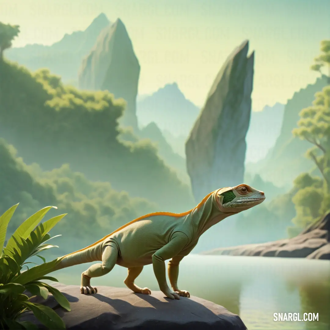 Diapsid is standing on a rock by a lake and mountains in the background