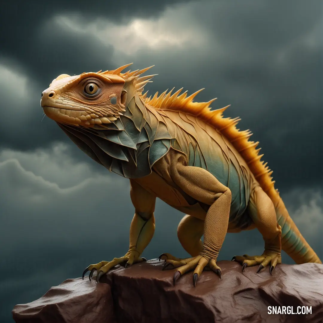 Large lizard standing on top of a rock under a cloudy sky with clouds in the background