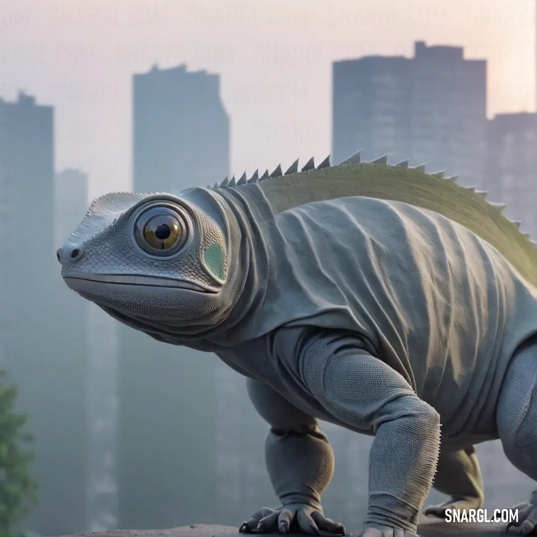 Large lizard statue on top of a building with a city in the background