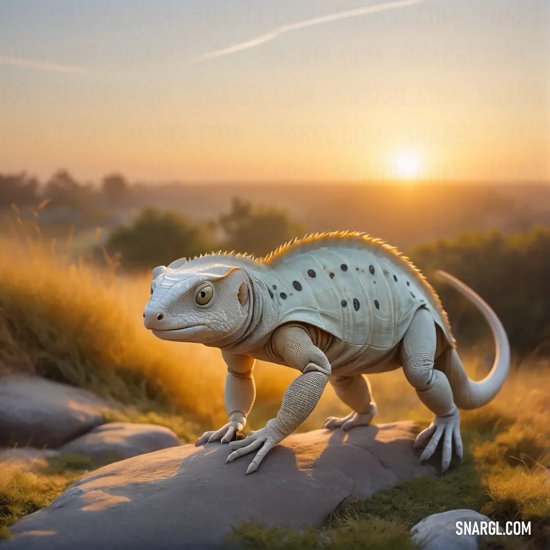 Lizard is standing on a rock in the grass at sunset or dawn, with the sun in the background