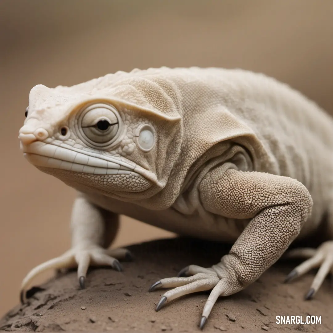 White lizard with a long tail and a white face on a rock with a brown background