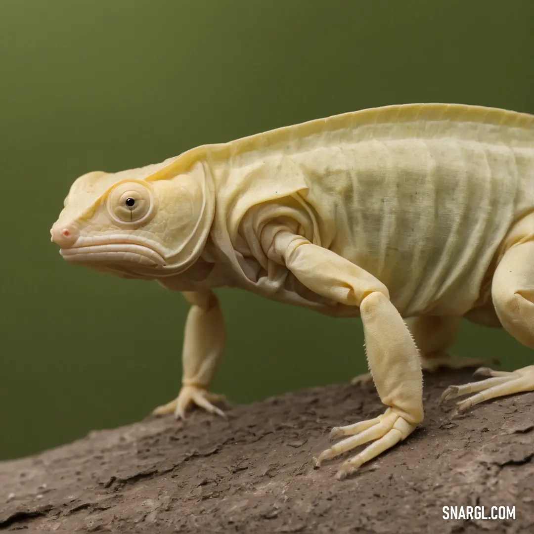 Yellow lizard with a long tail and a long tail on a rock with a green background