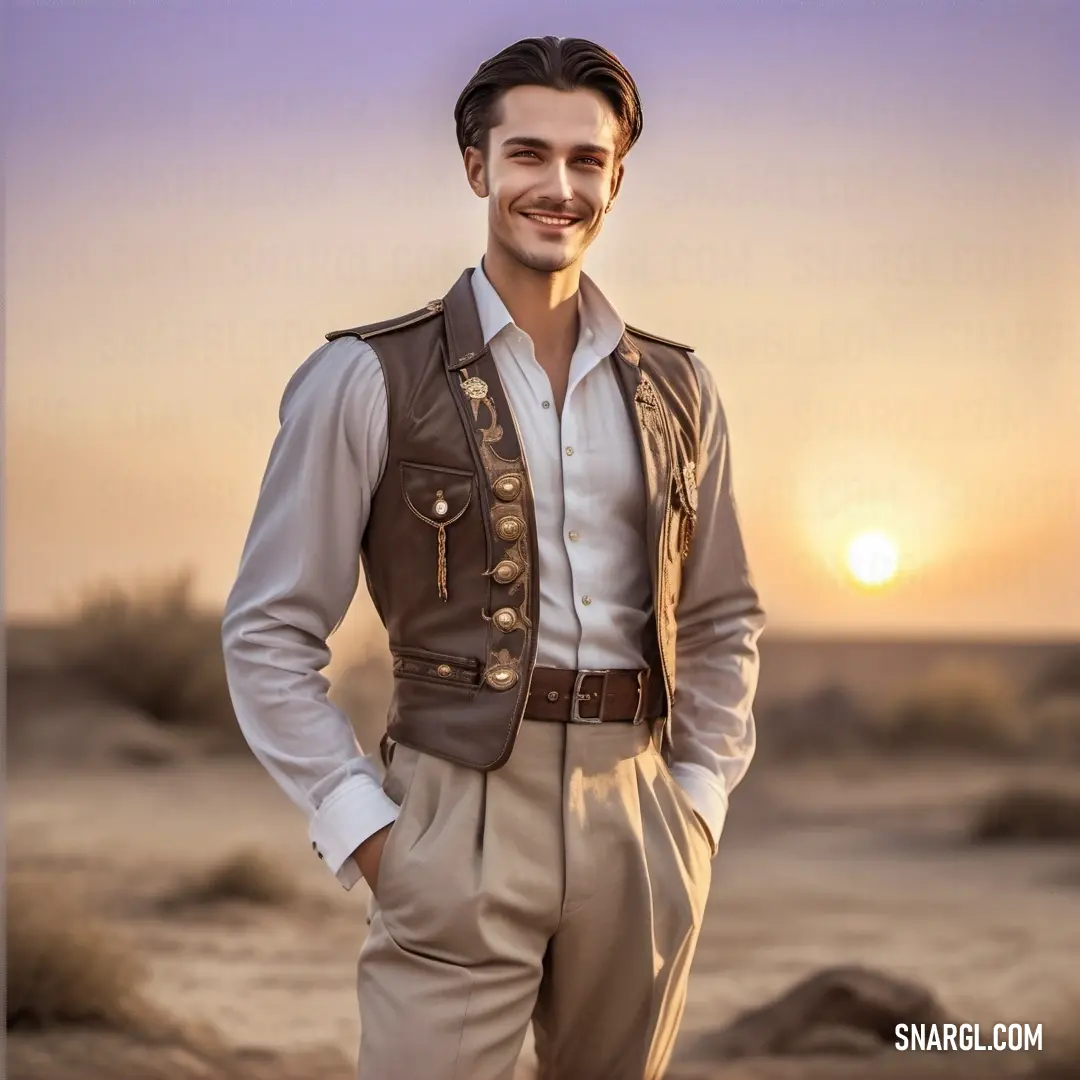 Man in a brown vest and white shirt standing in the desert at sunset with his hands in his pockets