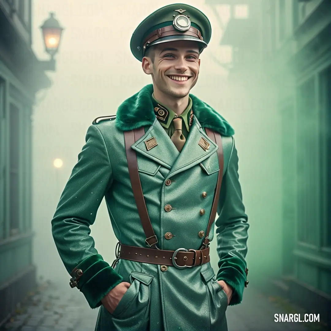 Man in a green uniform is smiling for the camera while standing in a street with a lamp post in the background