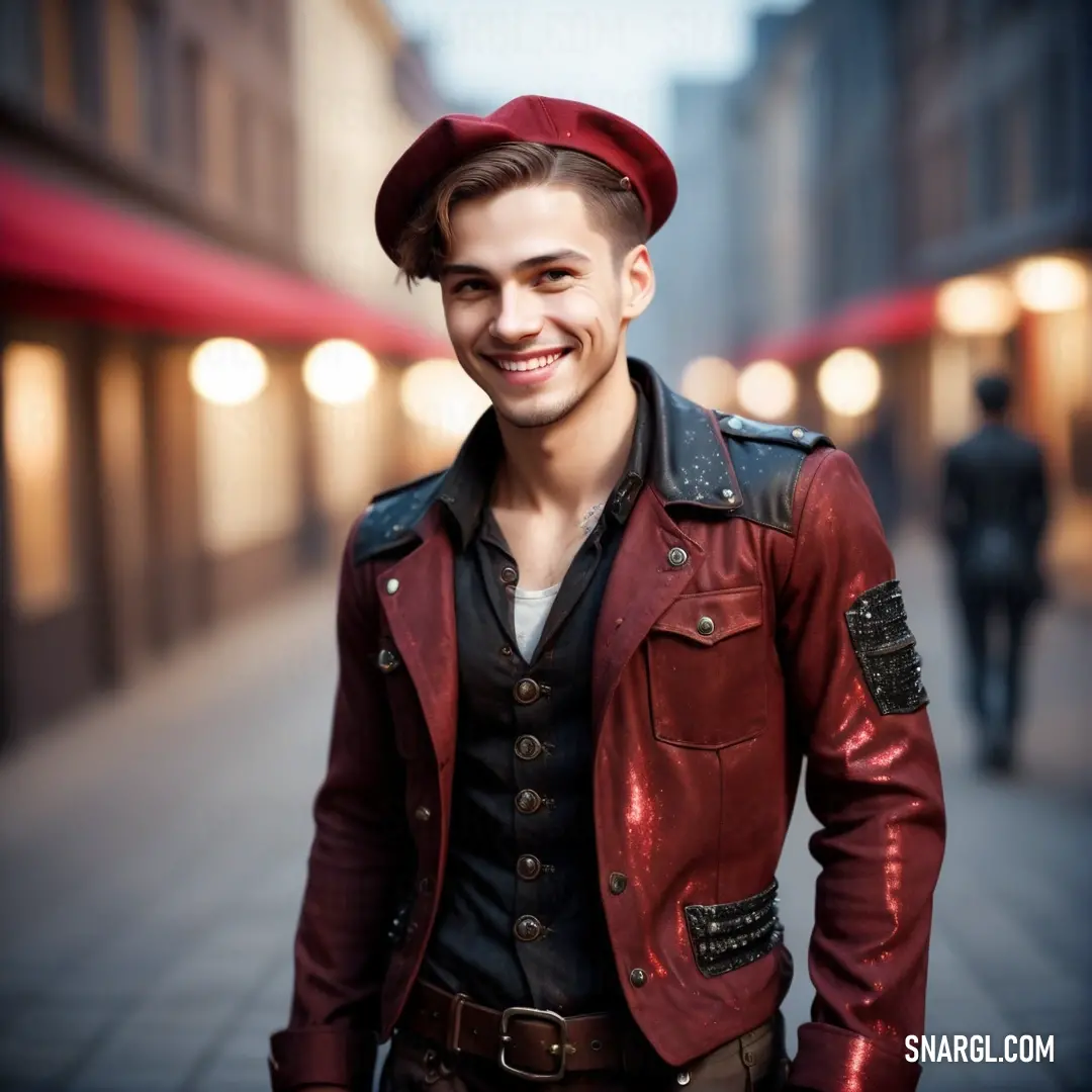 Man in a red jacket and hat smiling at the camera while standing on a sidewalk in a city