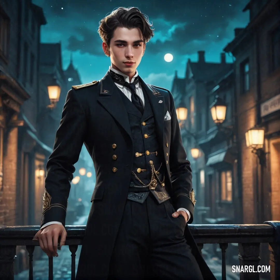 Man in a suit and tie standing on a balcony at night with a full moon in the background