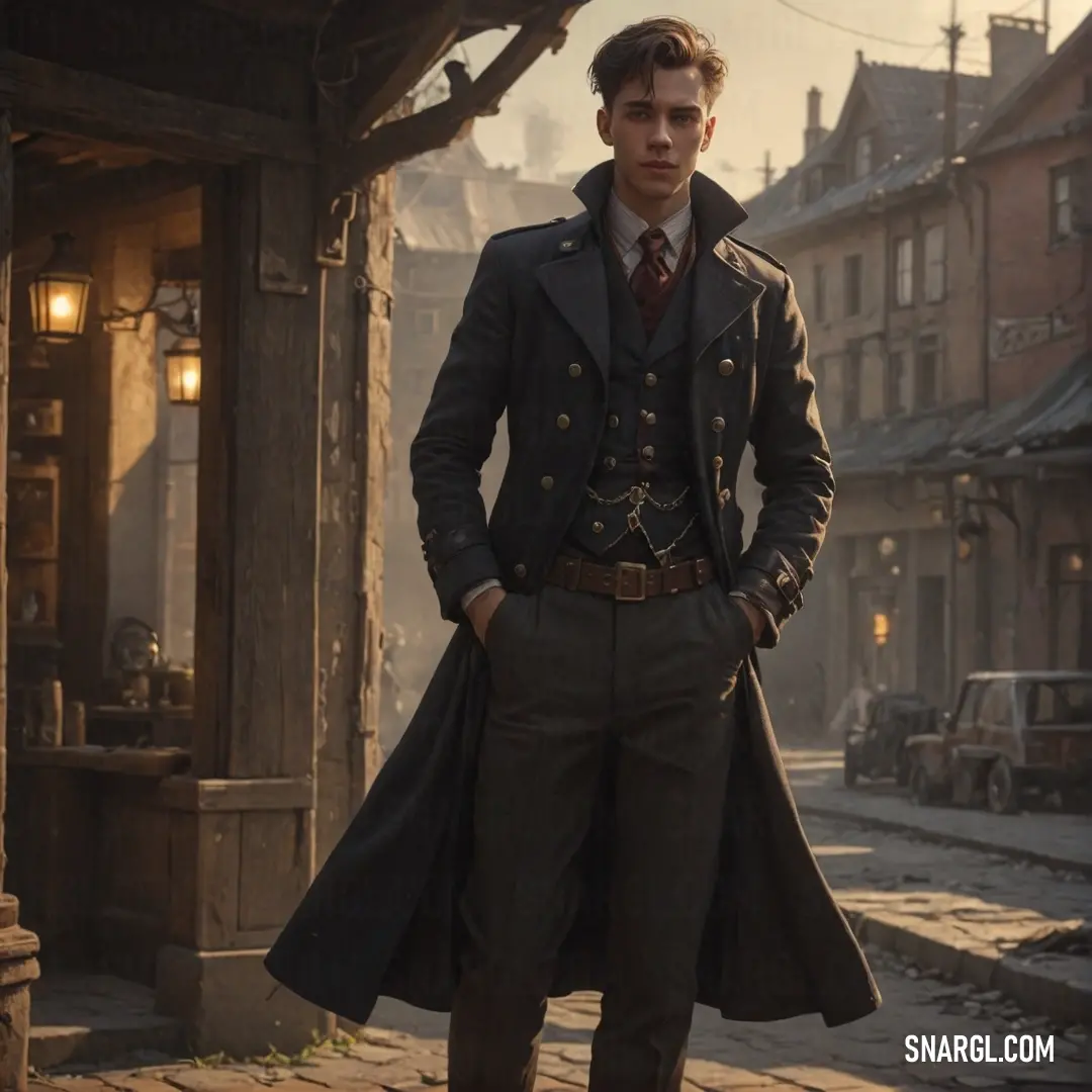 Man in a trench coat standing on a cobblestone street in a town at sunset or dawn
