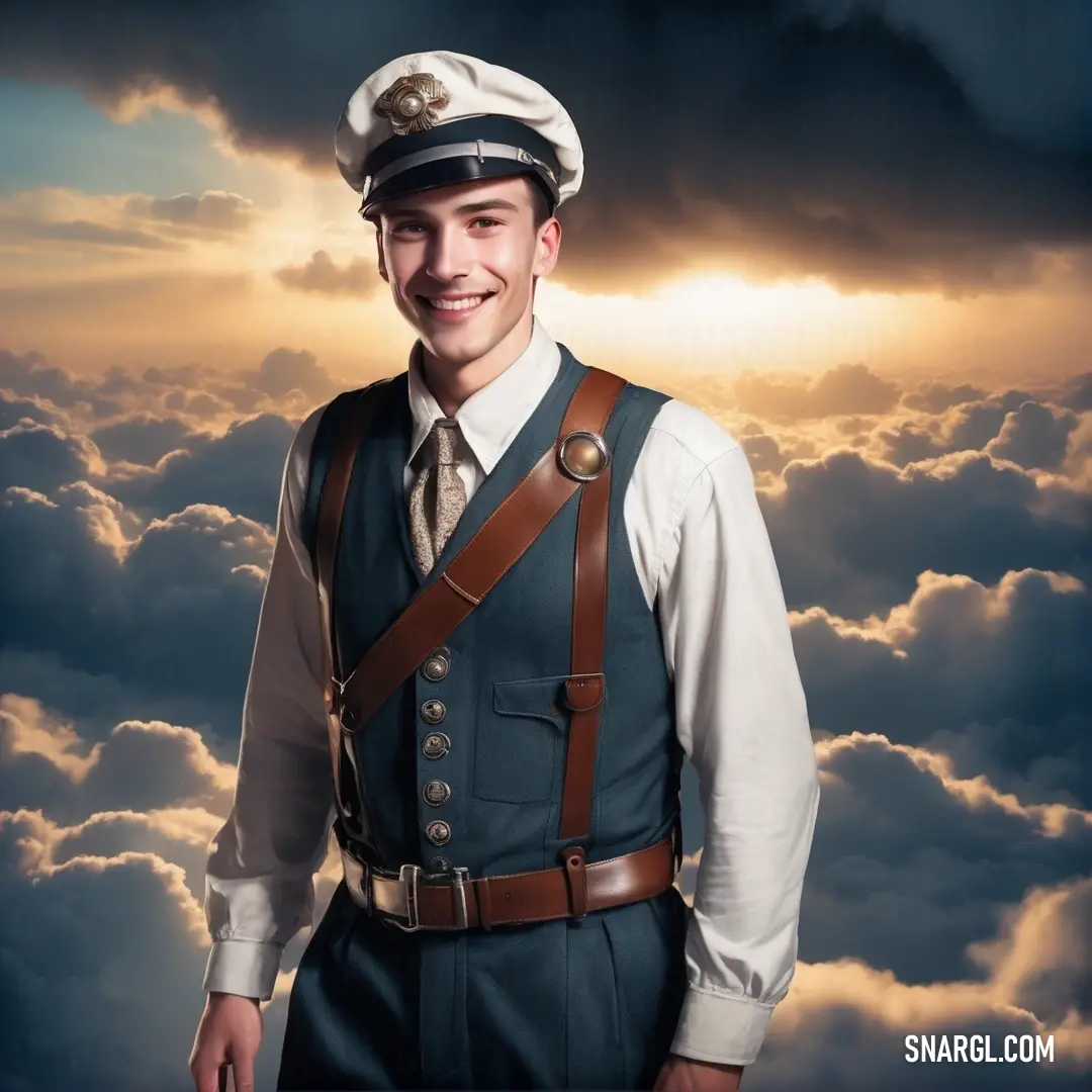 Man in a uniform standing in the clouds with a smile on his face and a hat on his head