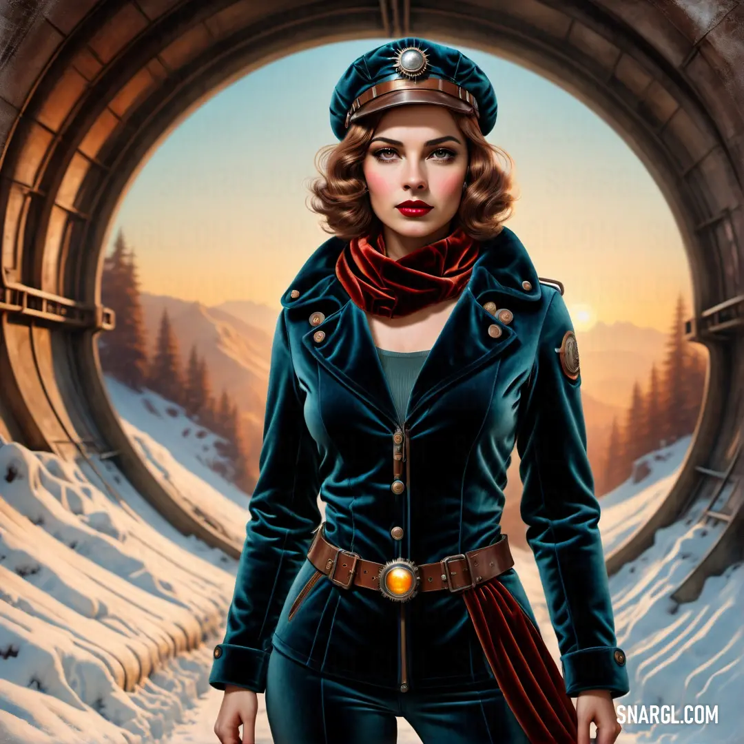 Painting of a woman in a military uniform in a tunnel with snow on the ground and trees in the background