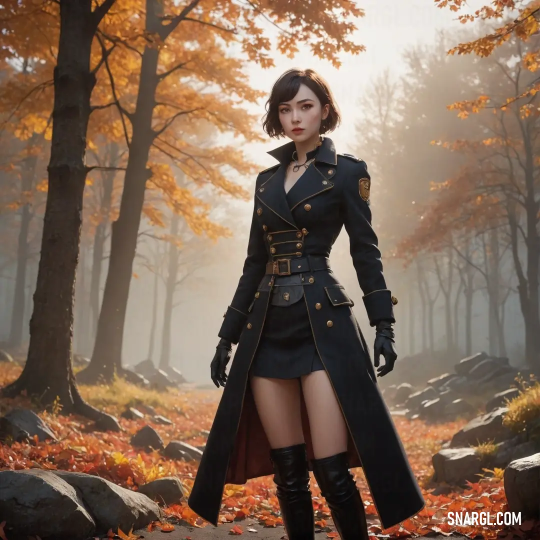 Woman in a black coat and boots standing in a forest with leaves on the ground and trees in the background