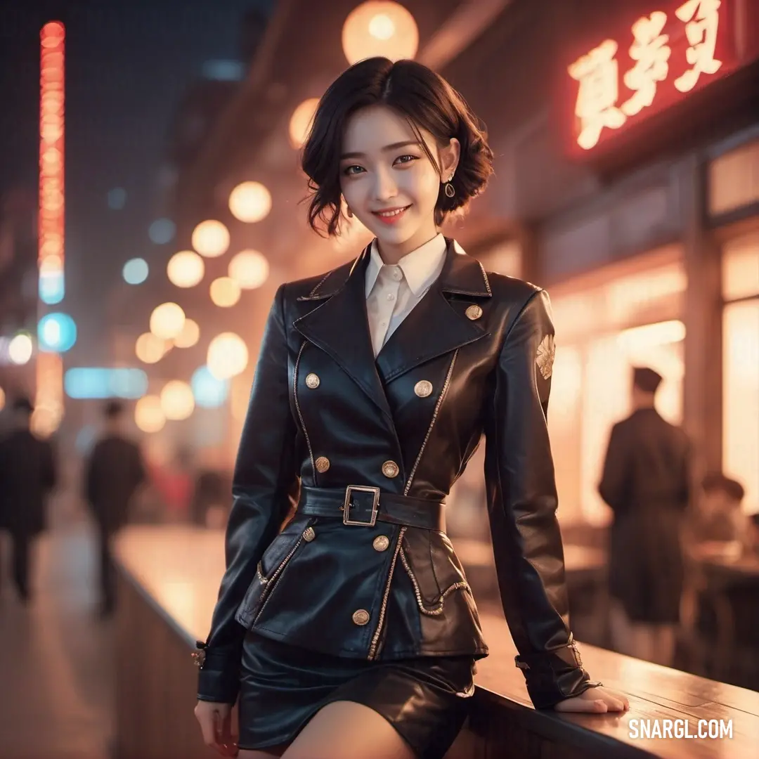 Woman in a black leather jacket and skirt posing for a picture in a city at night time with people walking by