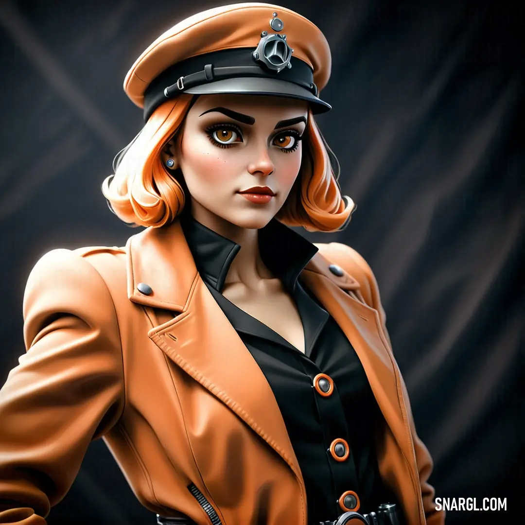 Woman in a brown jacket and hat with a black background