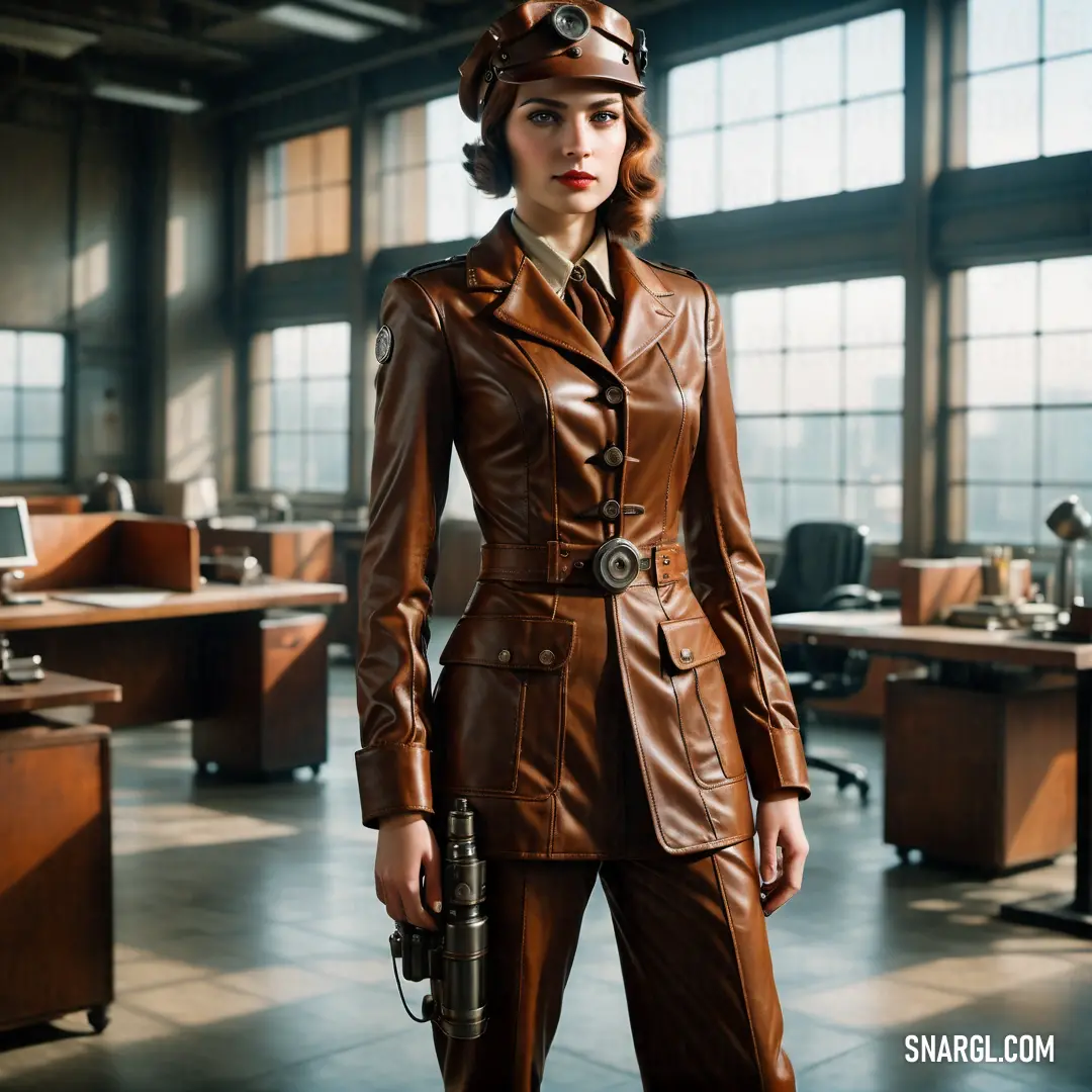 Woman in a brown leather suit and hat holding a gun in an office setting with a large window