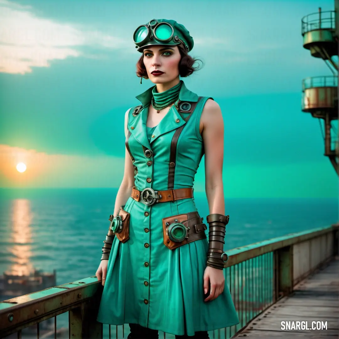 Woman in a green dress and goggles standing on a pier near the ocean at sunset with a view of the ocean