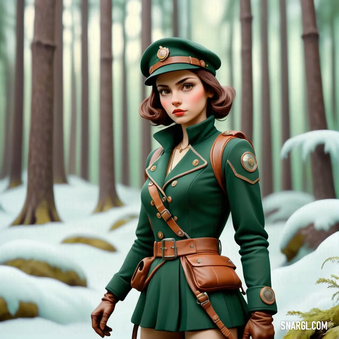 Woman in a green uniform standing in a forest with snow on the ground and trees behind her