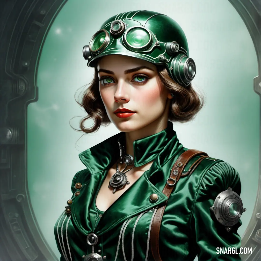 Woman in a green uniform with a helmet on her head and a steampunked collared shirt