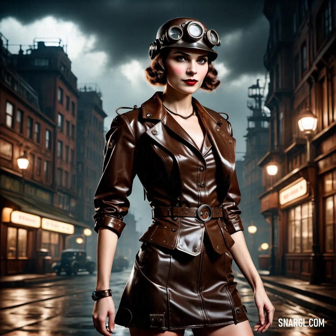 Woman in a leather dress and helmet is standing in the rain in a city street at night with a dark sky