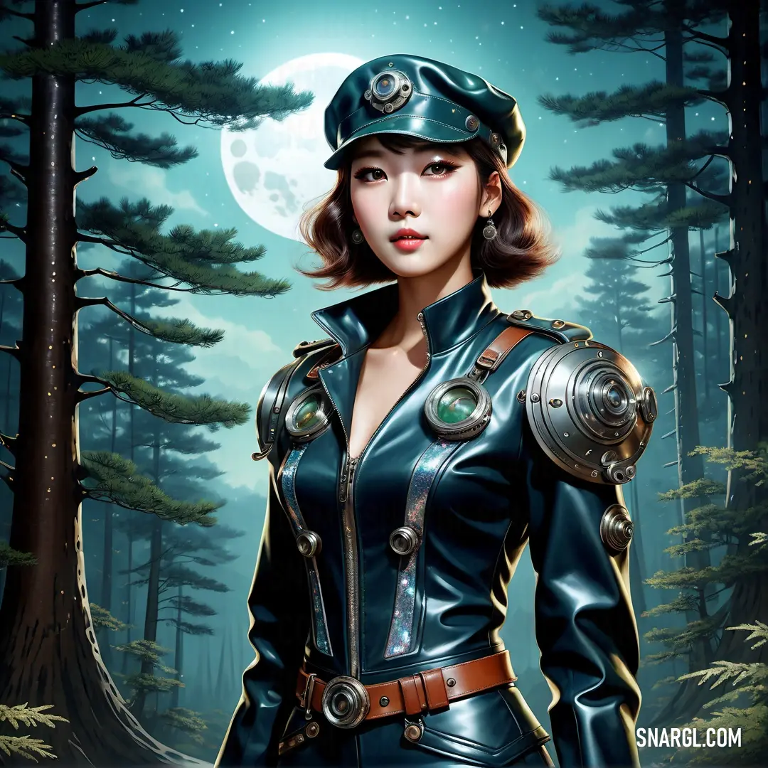Woman in a leather outfit standing in a forest with a full moon in the background