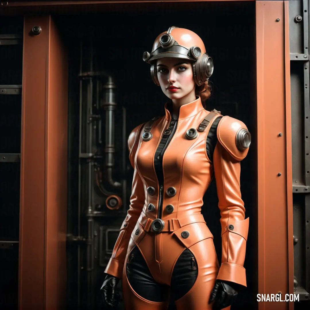 Woman in a leather suit and helmet standing in a doorway with a machine behind her