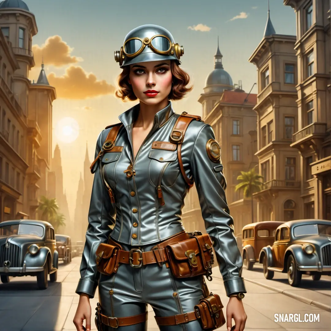 Woman in a pilot suit standing on a street with a car in the background