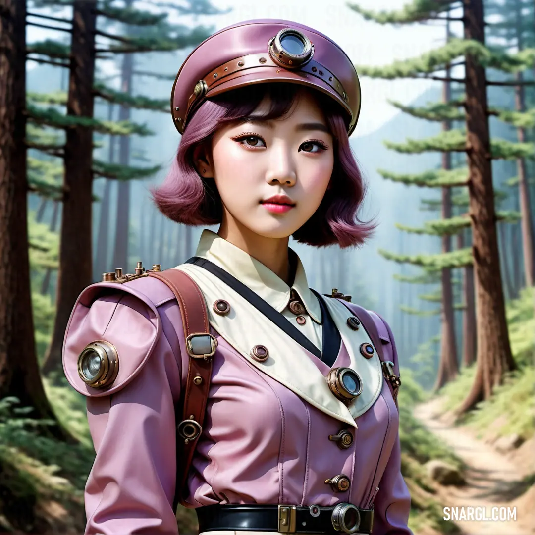 Woman in a pink uniform is standing in the woods with a backpack on her shoulder and a helmet on her head