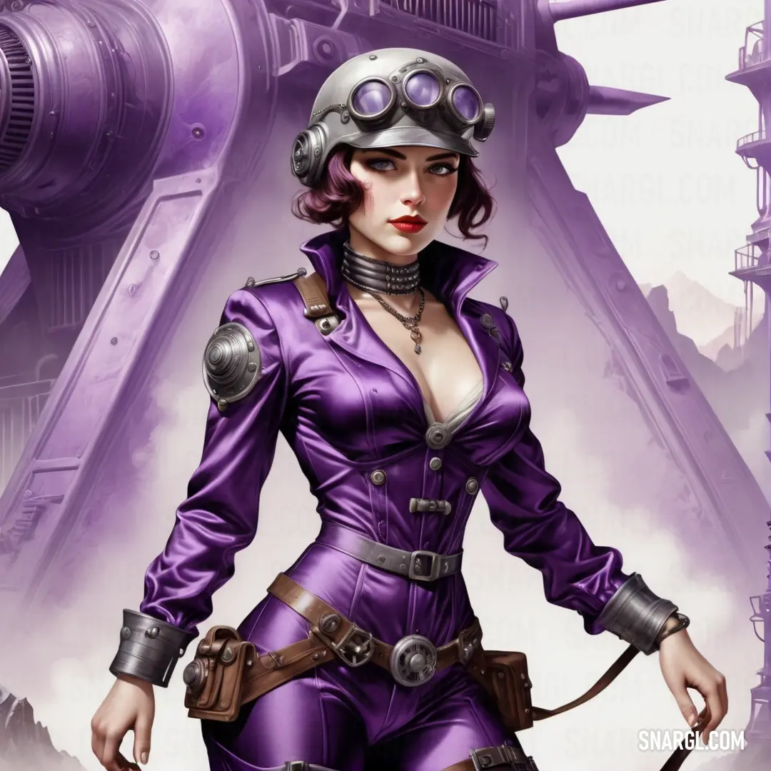 Woman in a purple suit and helmet holding a gun
