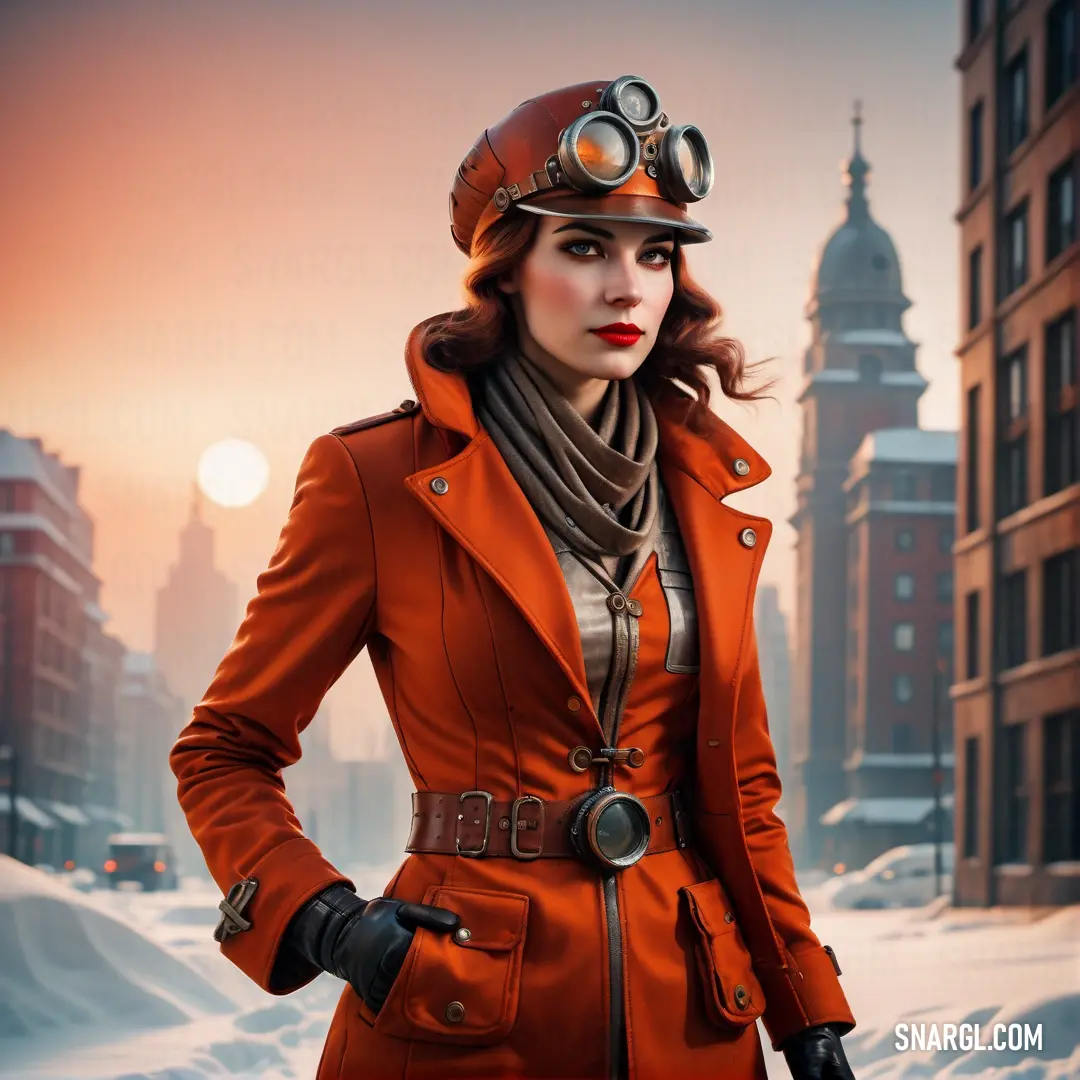 Woman in a red coat and hat standing in the snow with a city in the background and a building with a clock tower