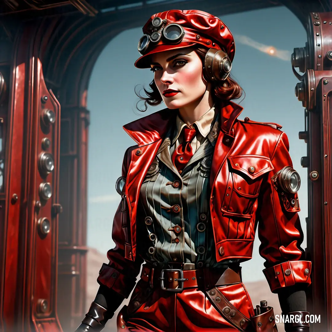 Woman in a red leather outfit and a red hat and a red jacket and a red purse