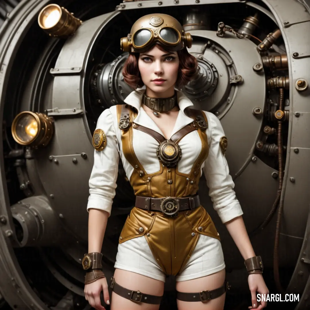Woman in a steam punk costume standing in front of a machine room with a steampunk helmet