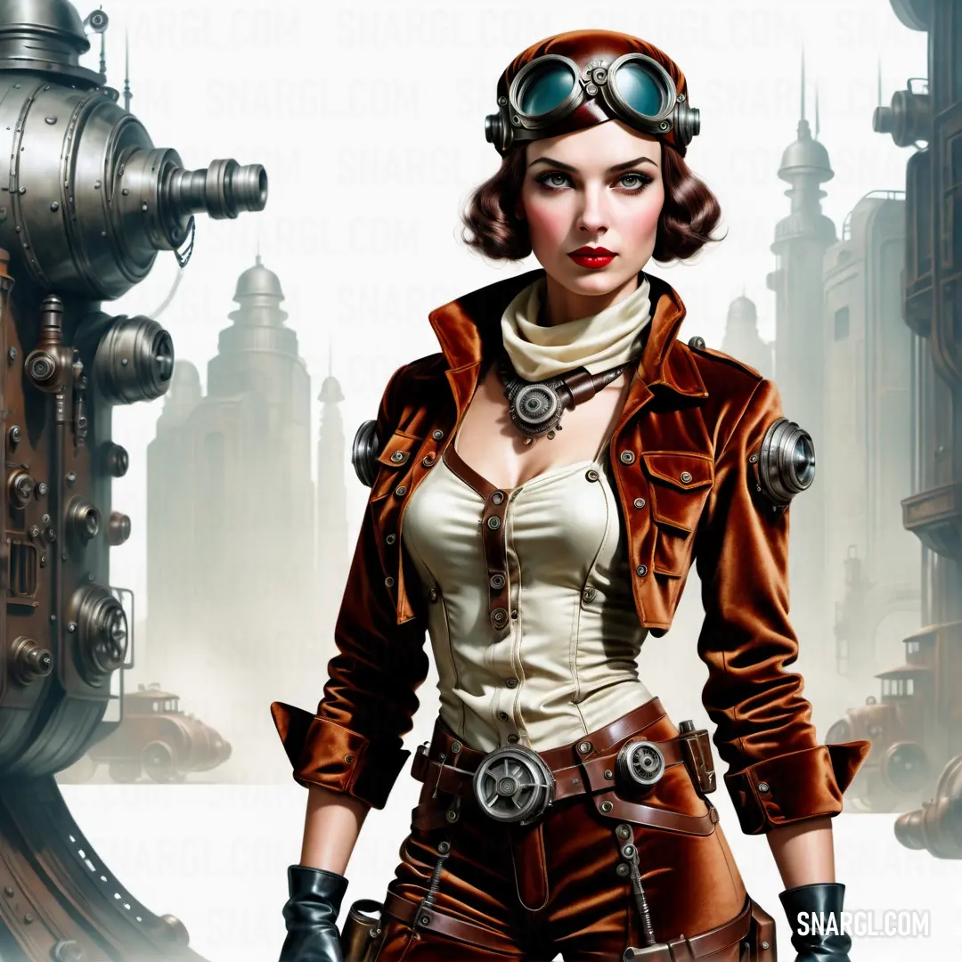 Woman in a steam punk outfit with goggles and a steampunk helmet on her head